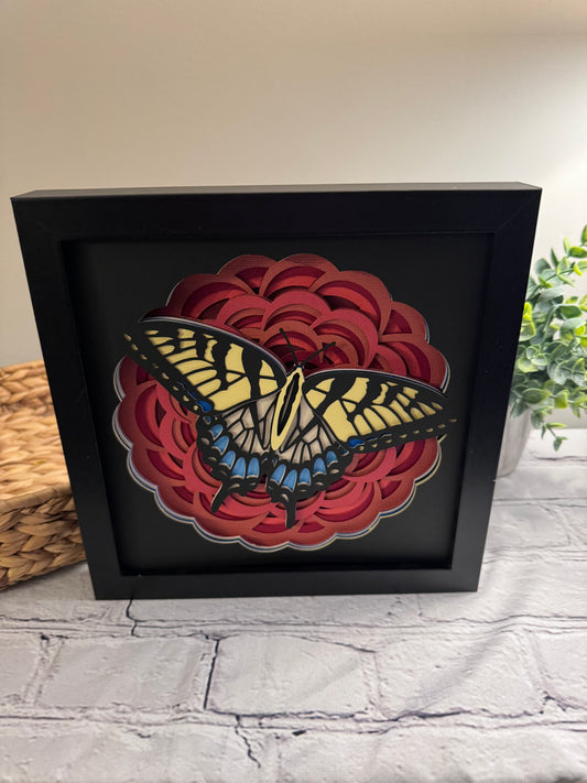 Red flower with blue and yellow butterfly 3D paper art in a shadowbox