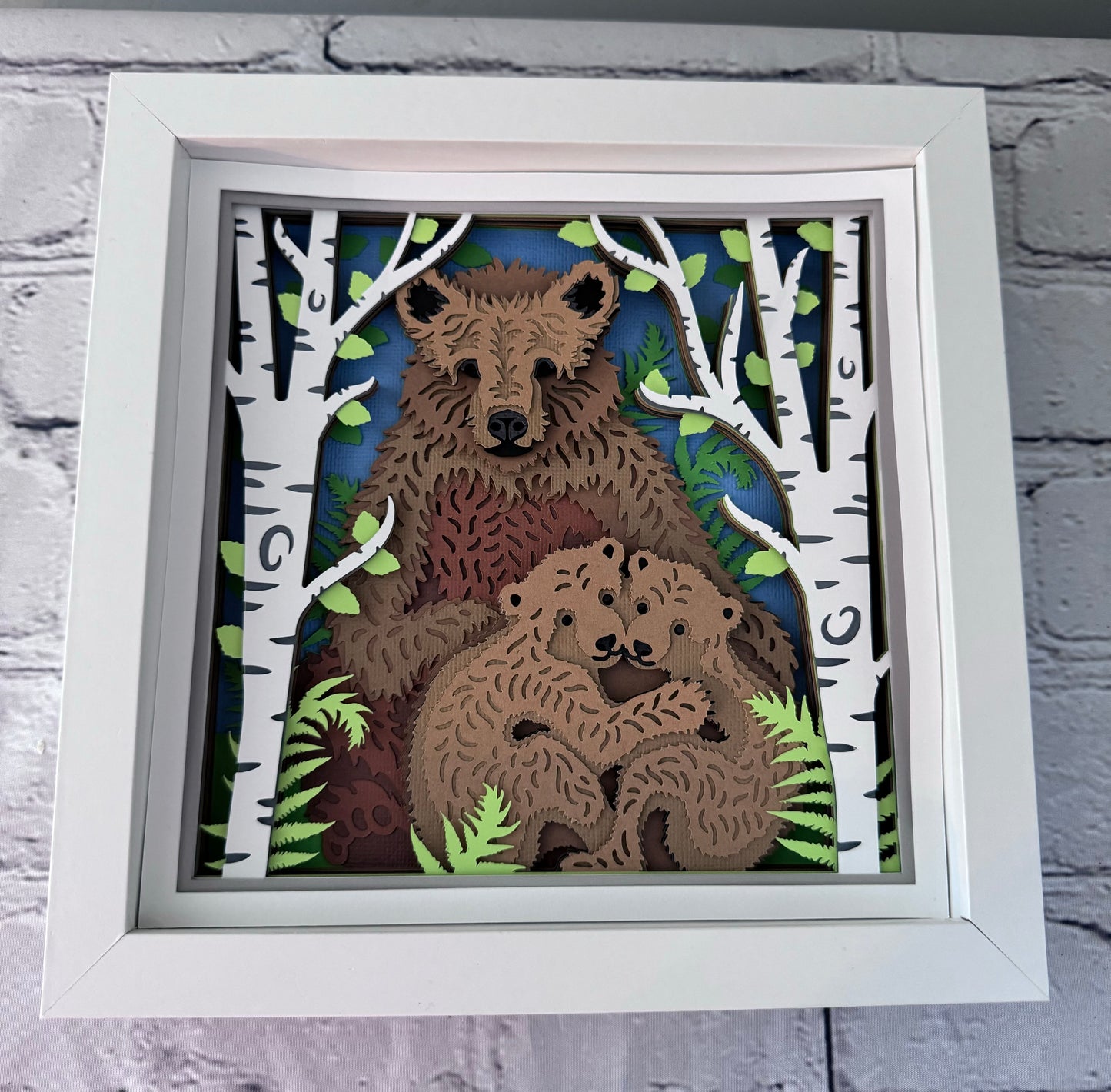 Brown bear family design 3D paper art in a shadowbox