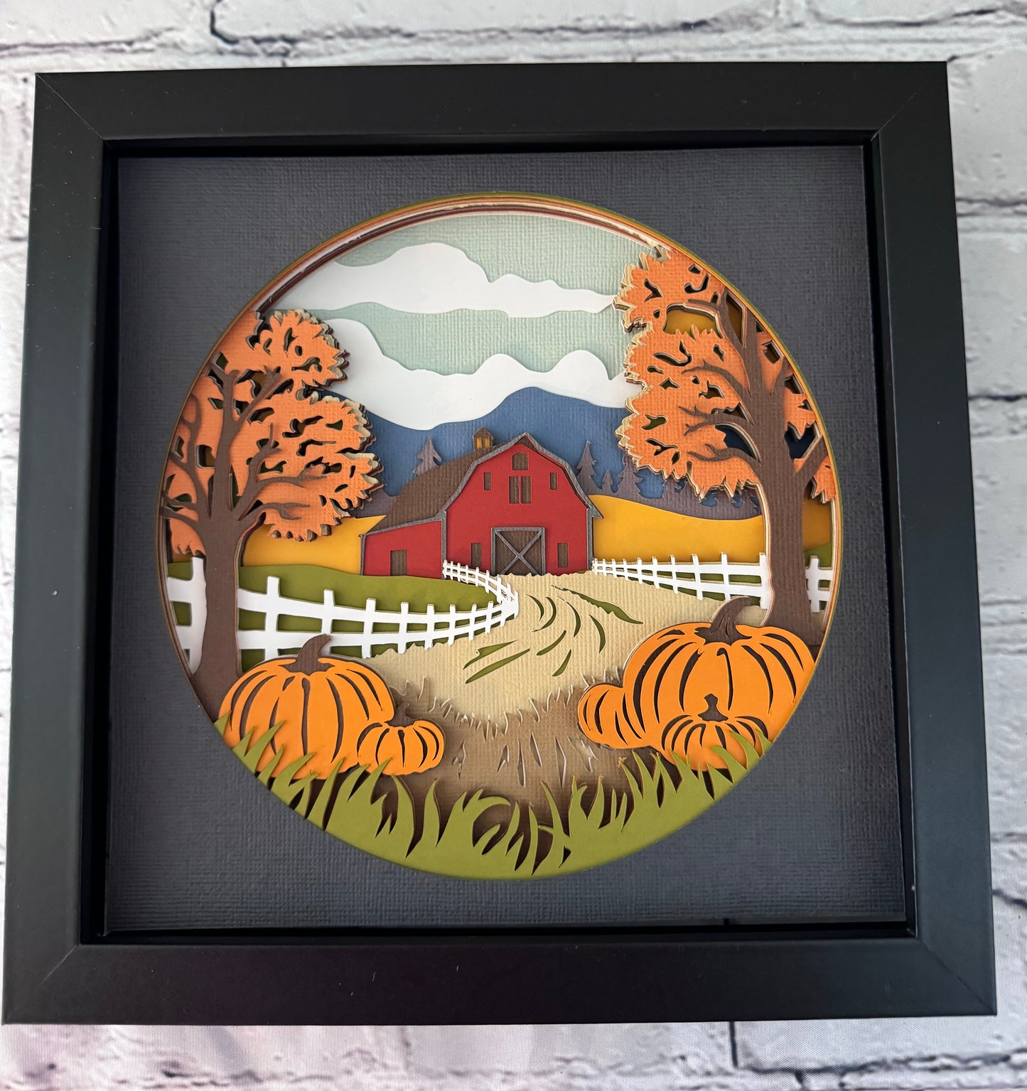 Fall barn landscape design 3D paper art in a shadowbox