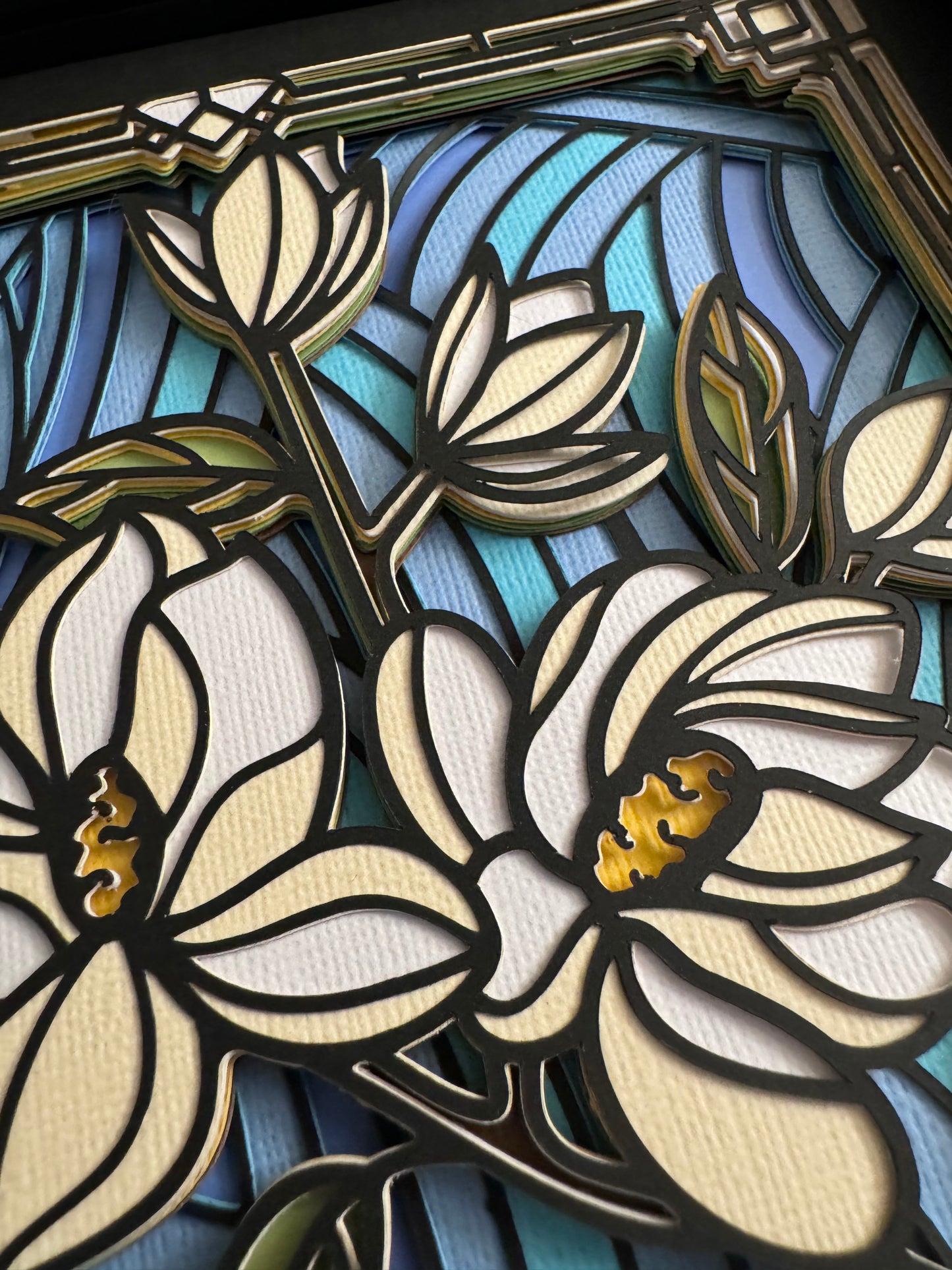 Stained glass magnolia 3D paper art in a shadowbox