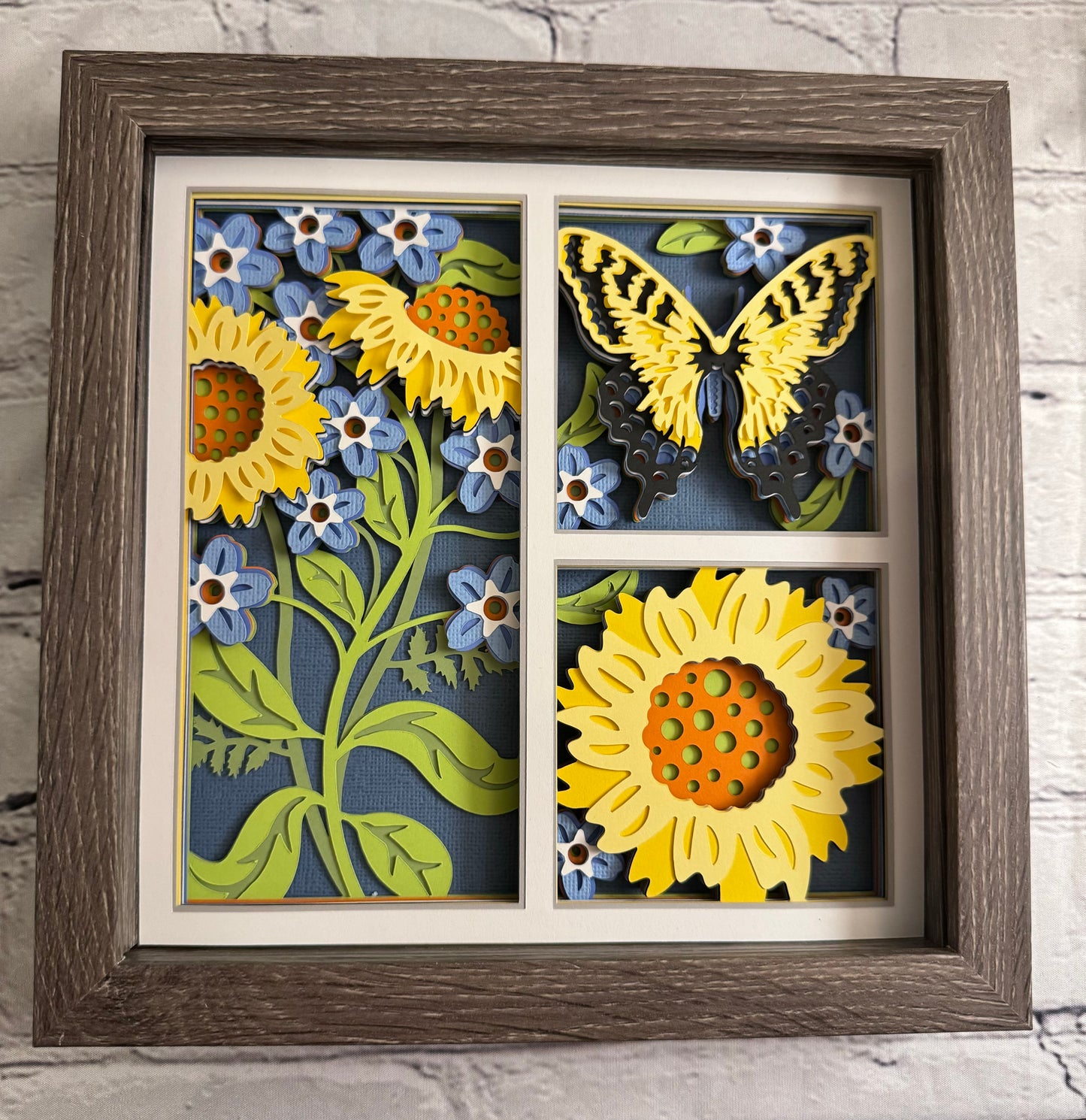 Butterfly 3 panel scene tiger swallowtail butterfly 3D paper art in a shadowbox