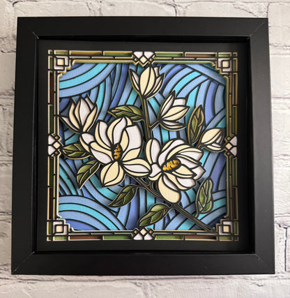 Stained glass magnolia 3D paper art in a shadowbox