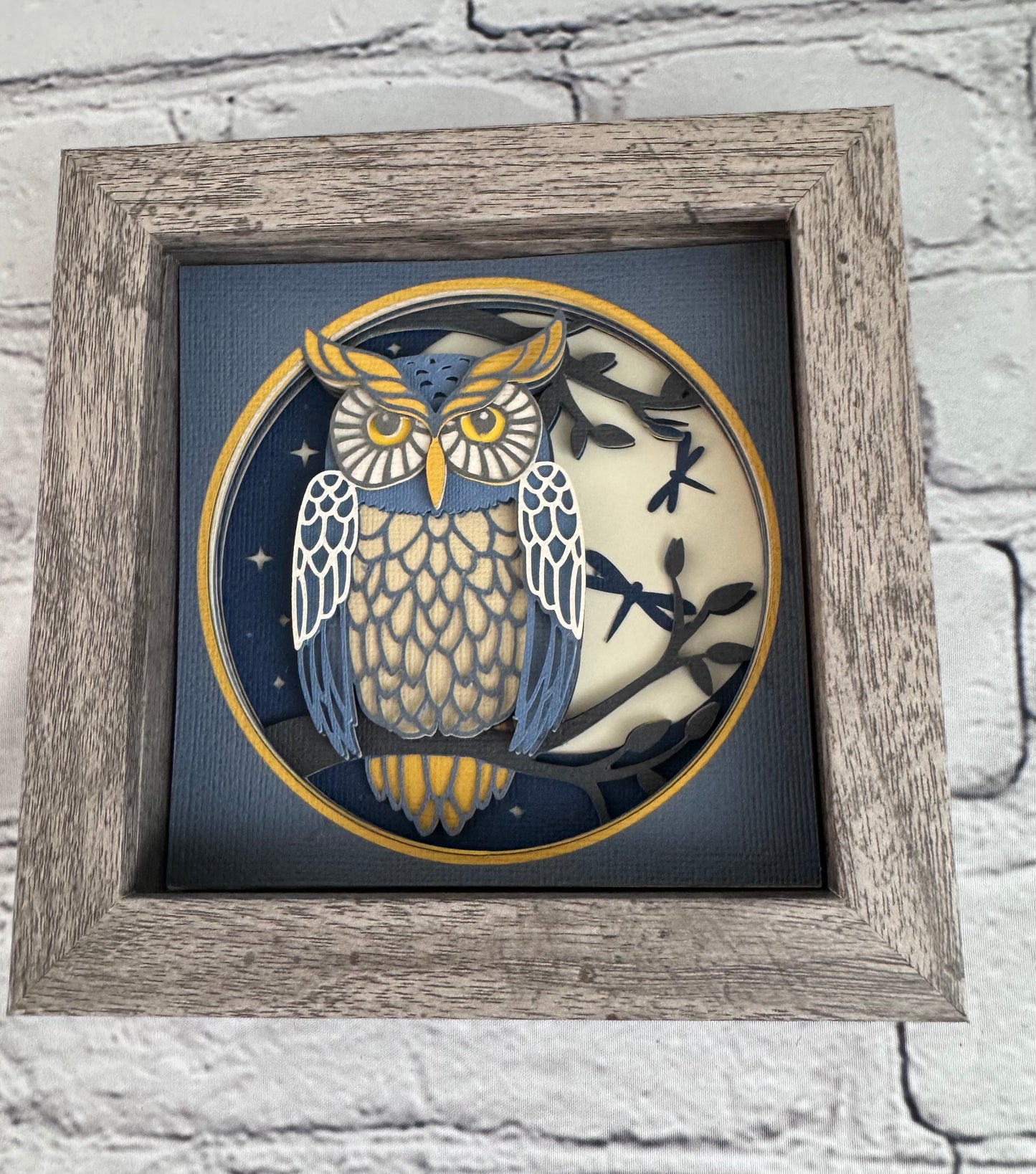 Owl nighttime scene mini 3D paper art in a shadowbox