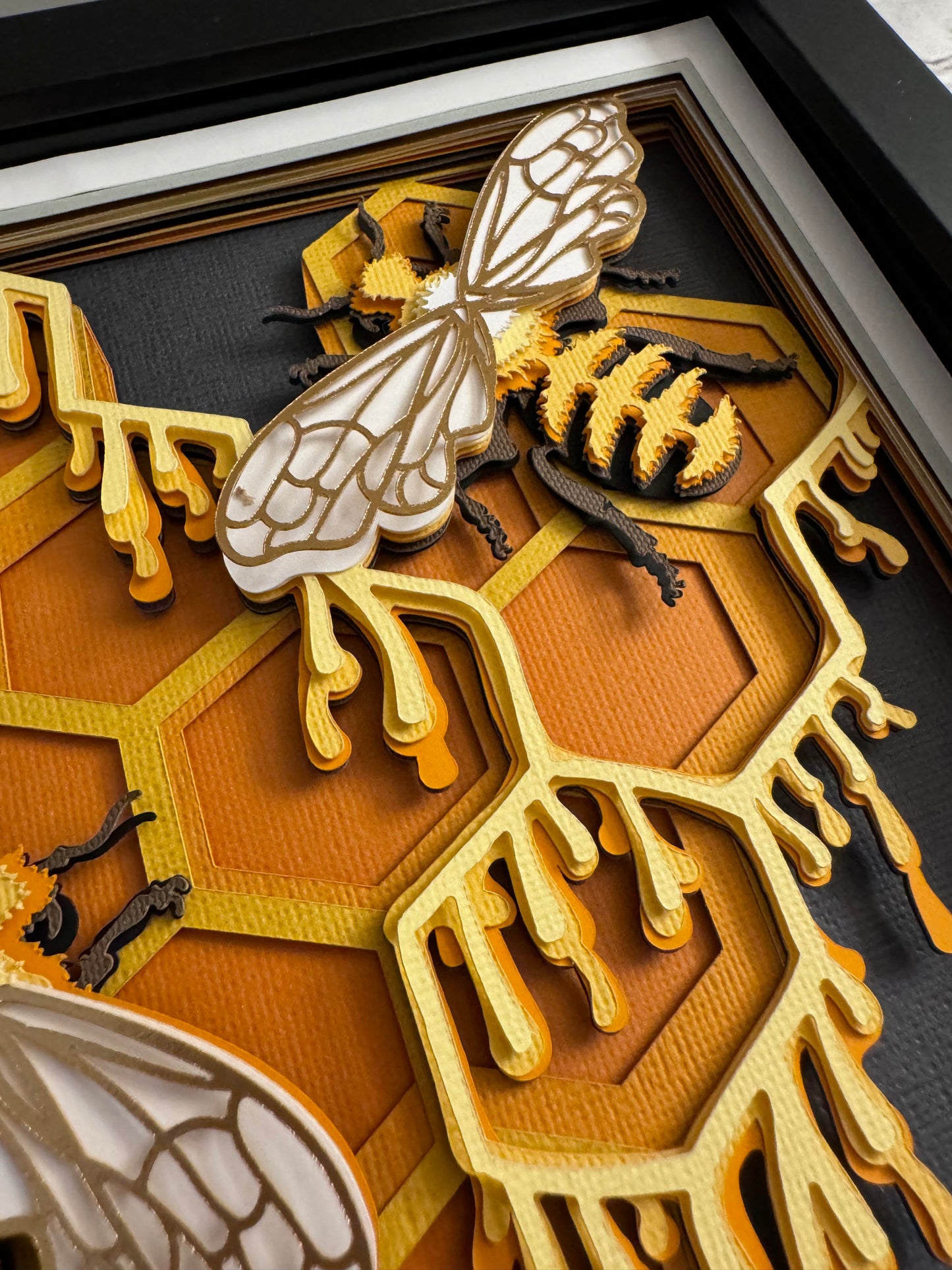 Bee scene large honeycomb with bees 3D paper art in a shadowbox