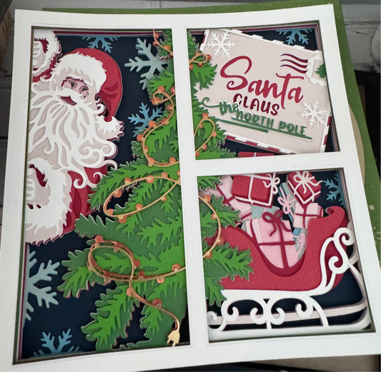 Christmas three panel Santa, letter and sleigh 3D paper art in a shadowbox