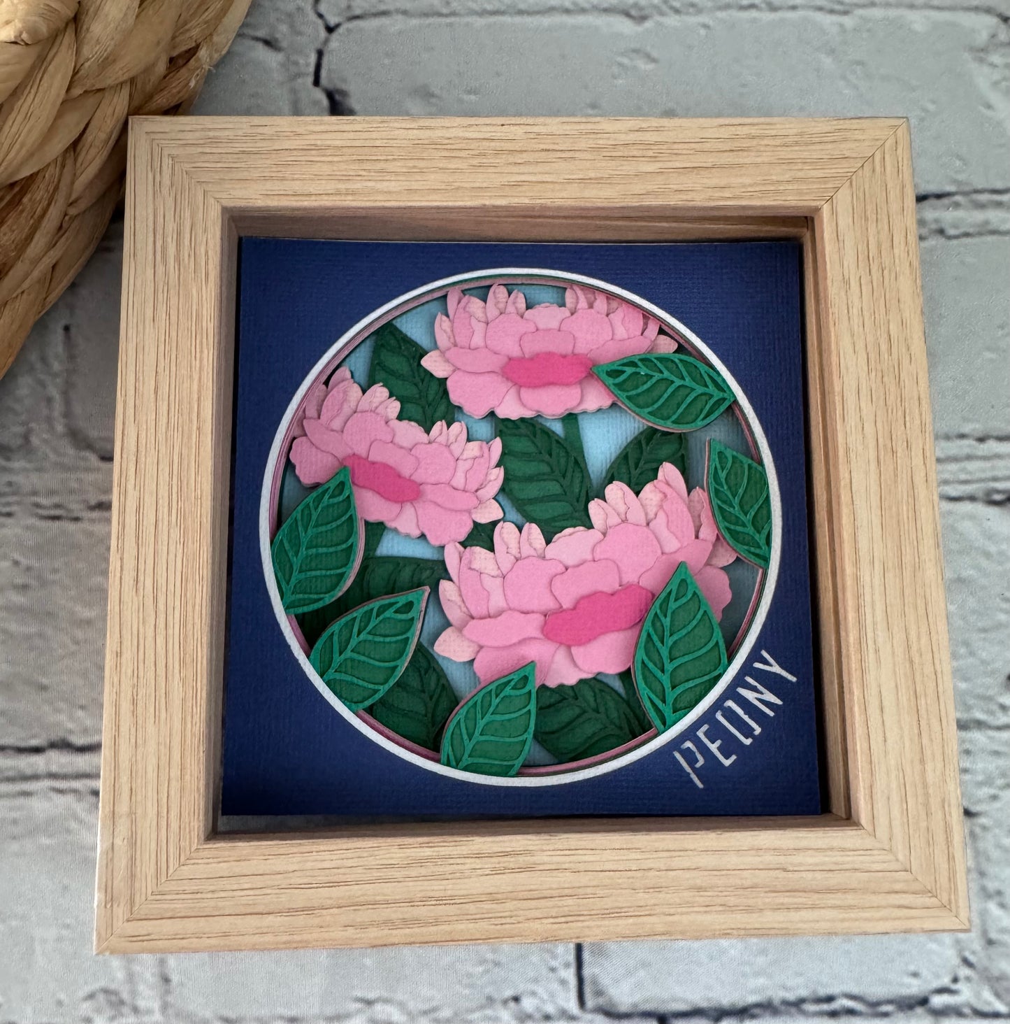 Peony mini 3D paper art in a shadowbox