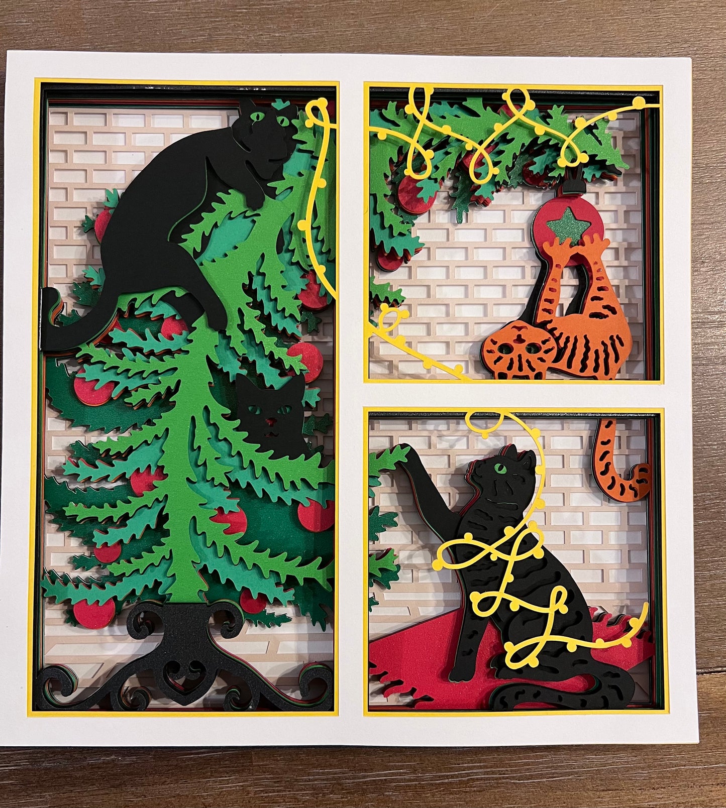 Cats in the Christmas tree 3D paper art in a shadowbox