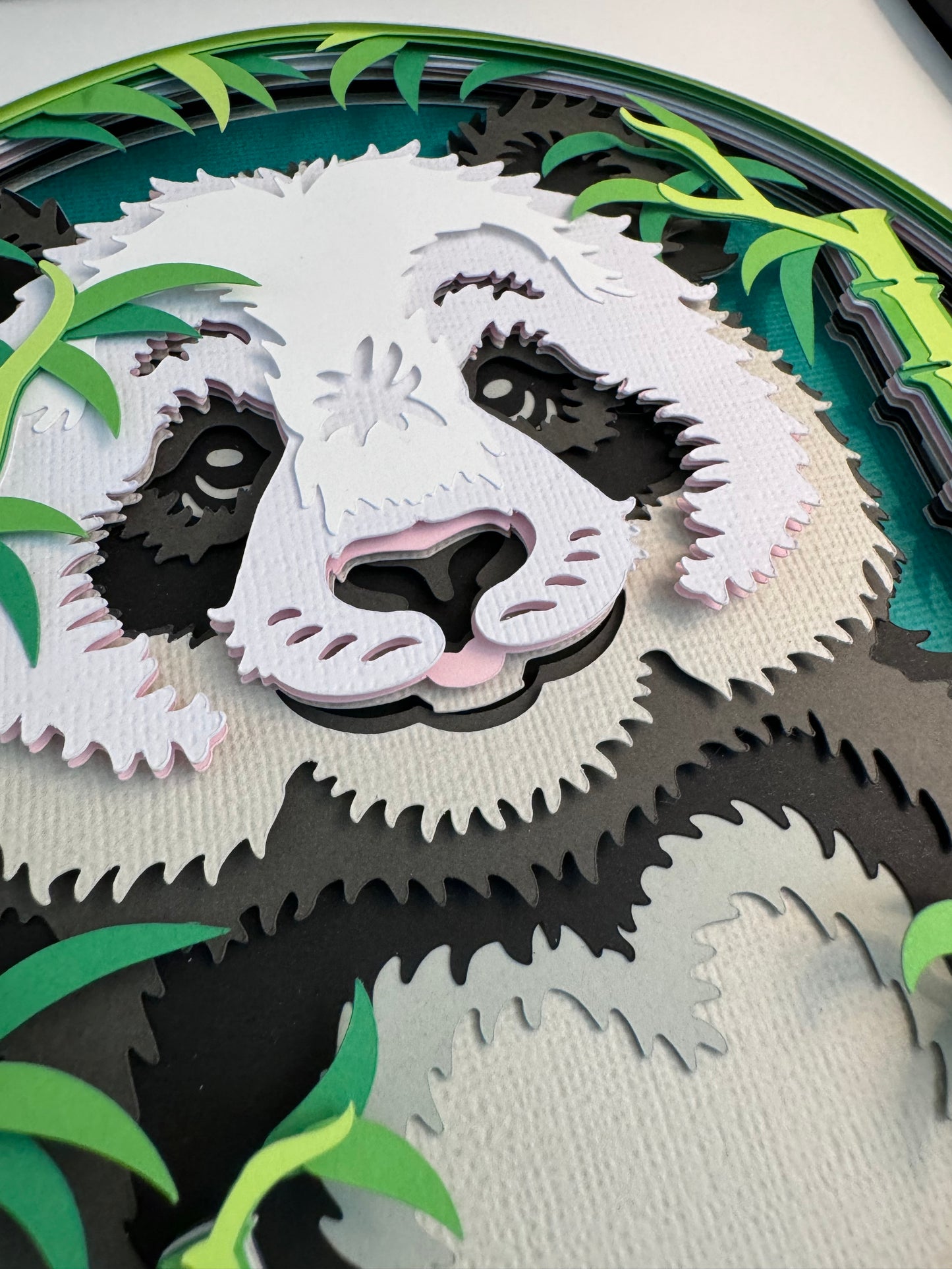 Panda with bamboo 3D paper art in a shadowbox