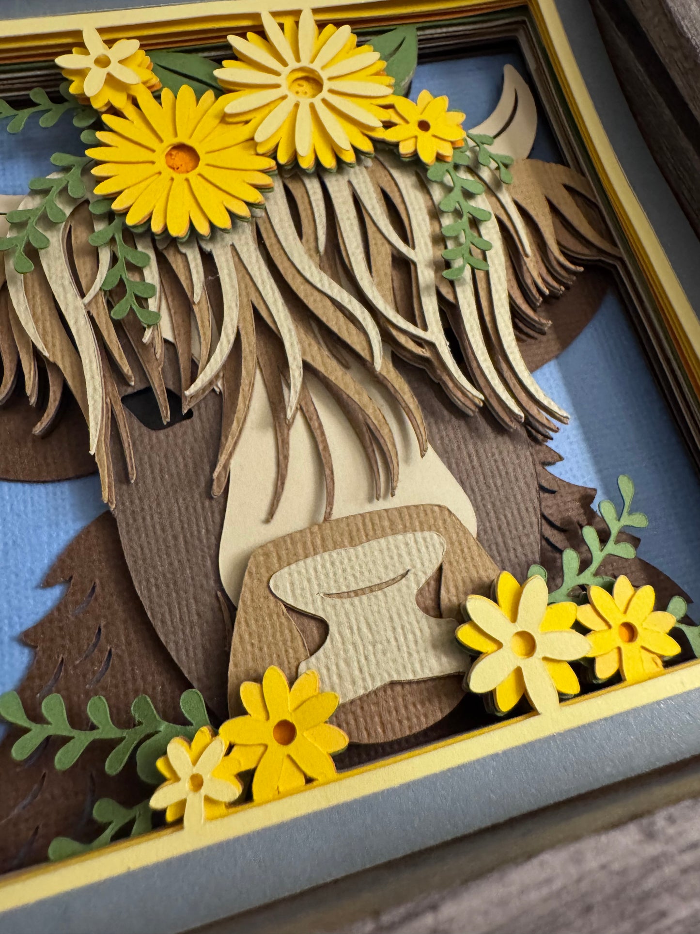 Highland cow close up mini 3D paper art in a shadowbox