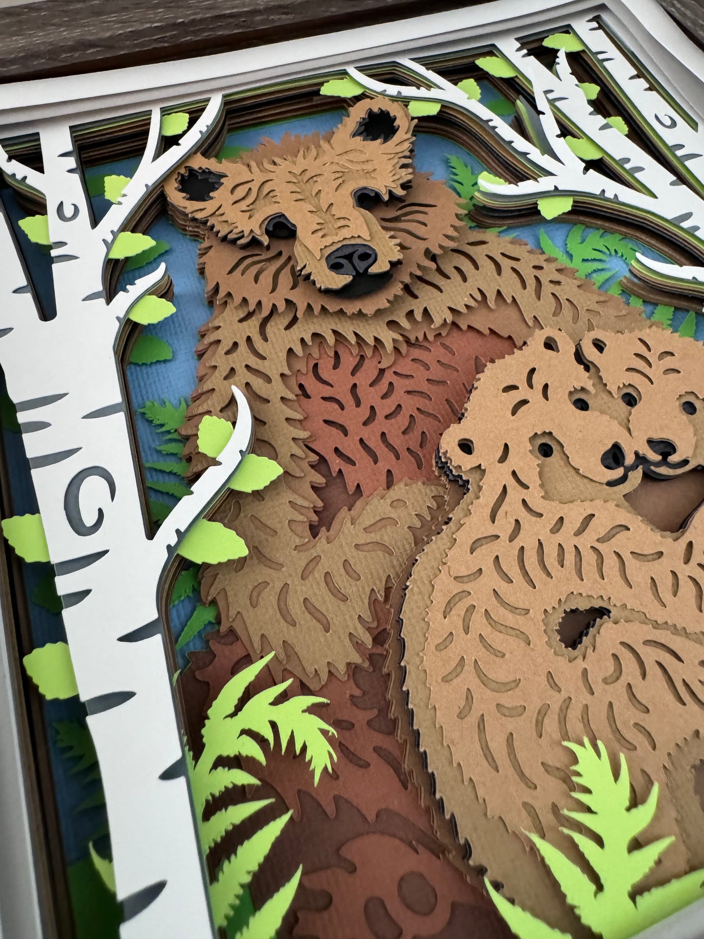 Brown bear family design 3D paper art in a shadowbox