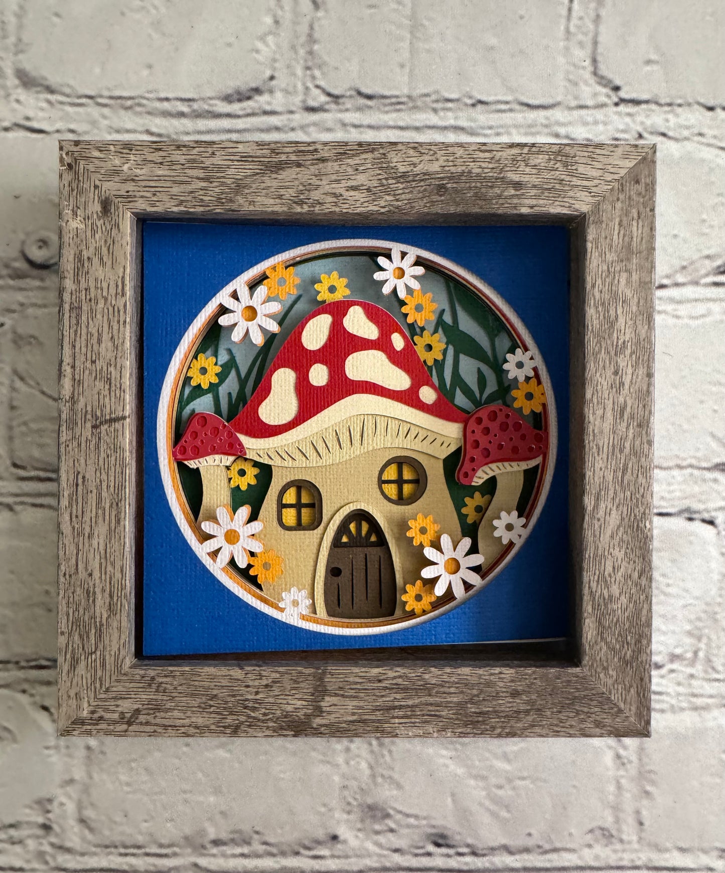 Mushroom house mini 3D paper art in a shadowbox