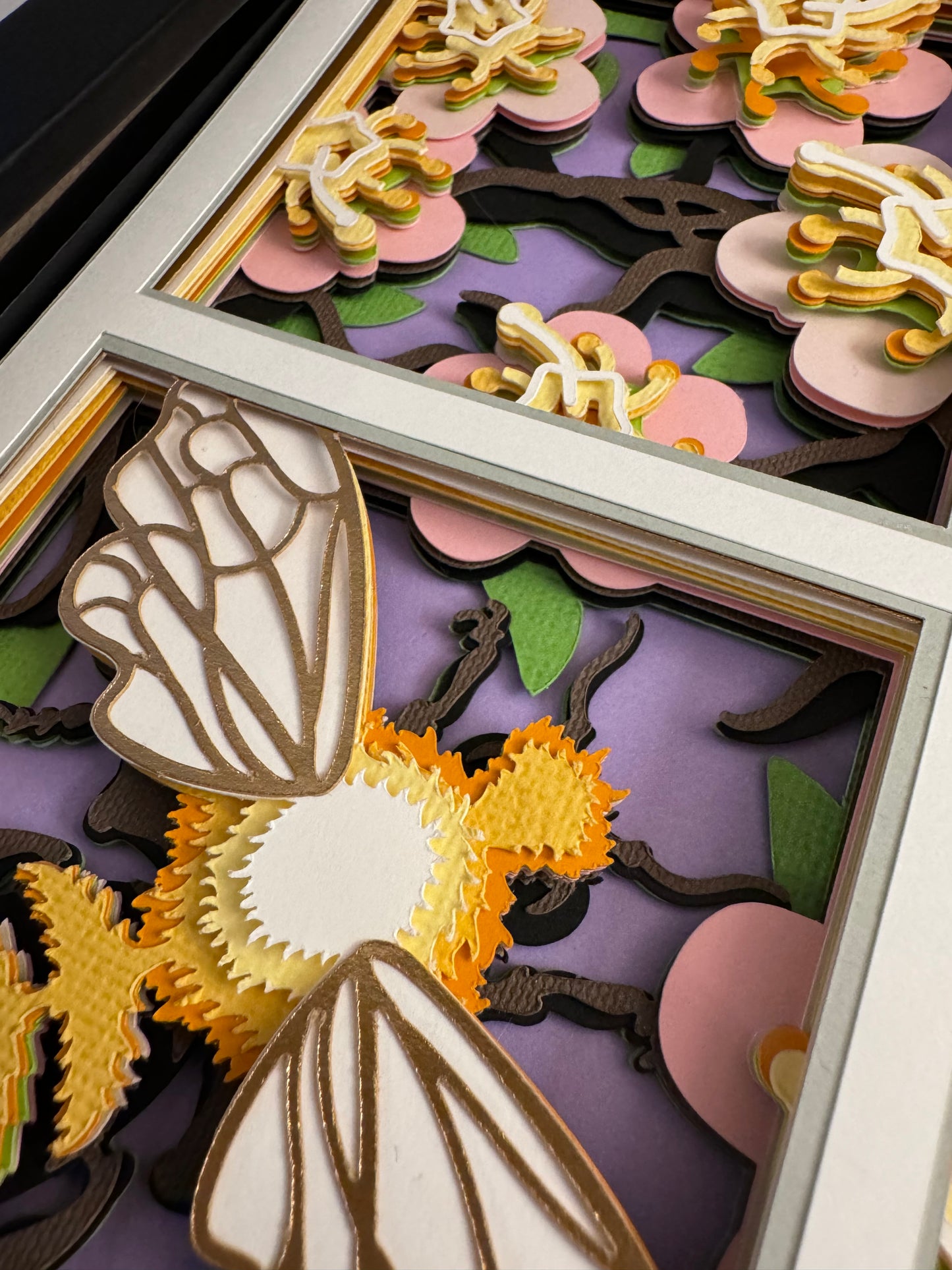 Bee scene bee with floral tree 3D paper art in a shadowbox