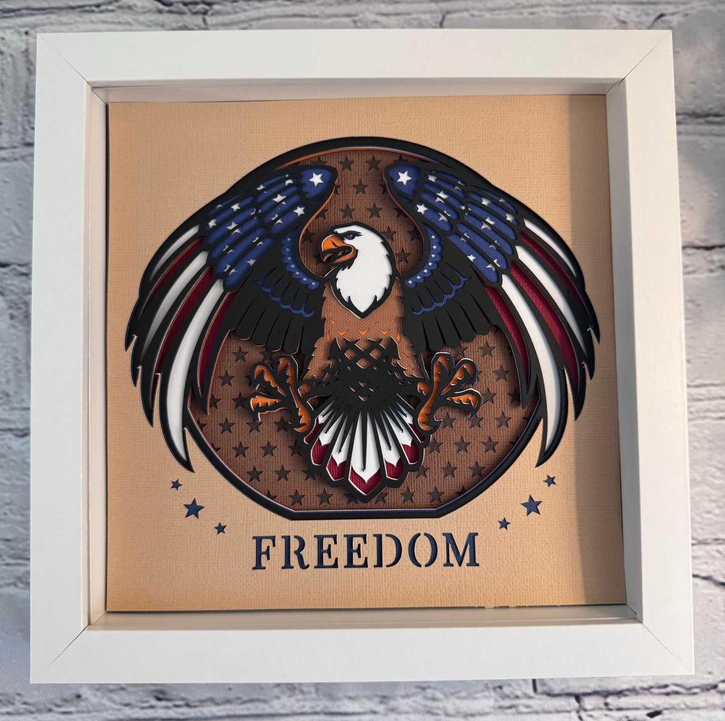 Freedom eagle 3D paper art in a shadowbox