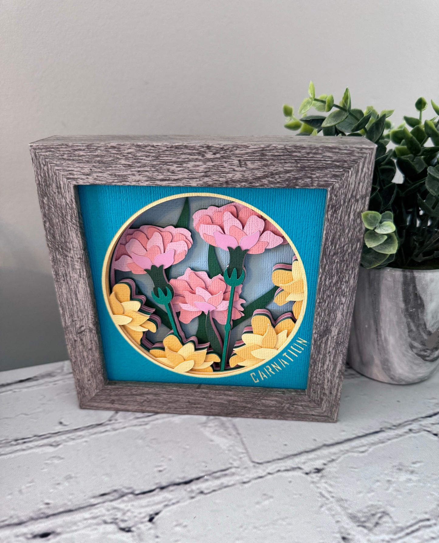 Carnation mini 3D paper art in a shadowbox