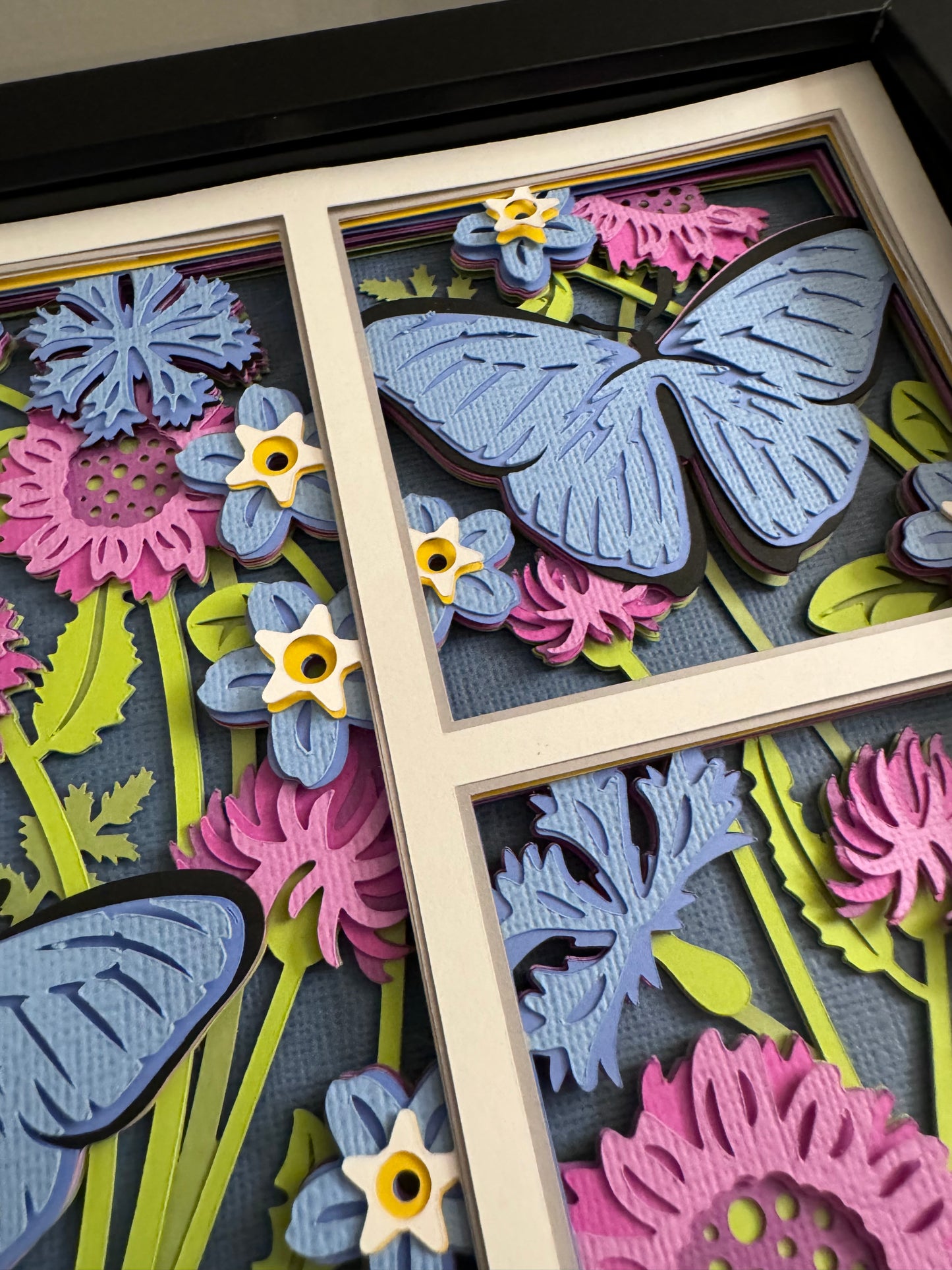 Butterfly 3 panel scene blue morpho butterfly 3D paper art in a shadowbox