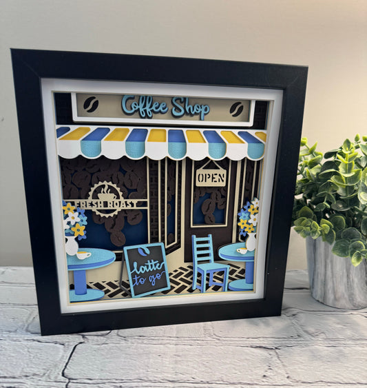 Coffee shop 3D paper art in a shadowbox