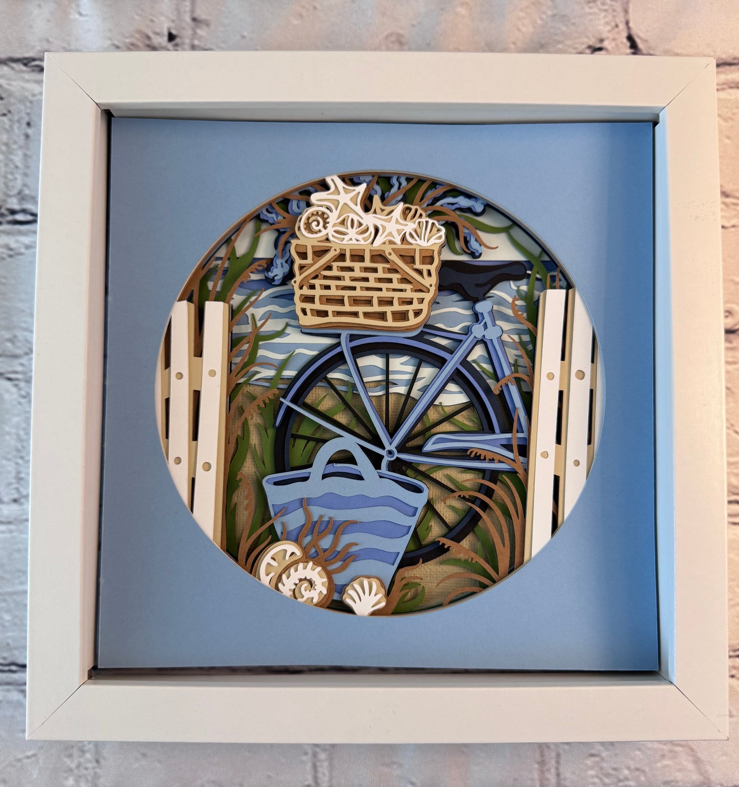 Beach bike and bag 3D paper art in a shadowbox