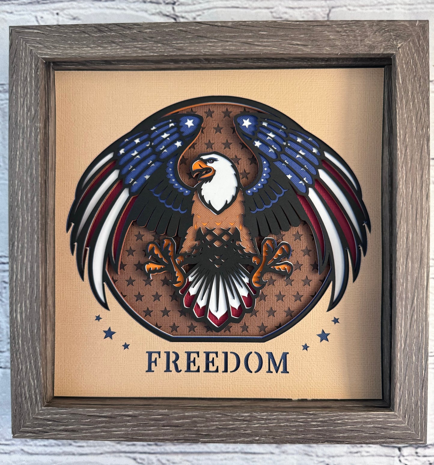 Freedom eagle 3D paper art in a shadowbox