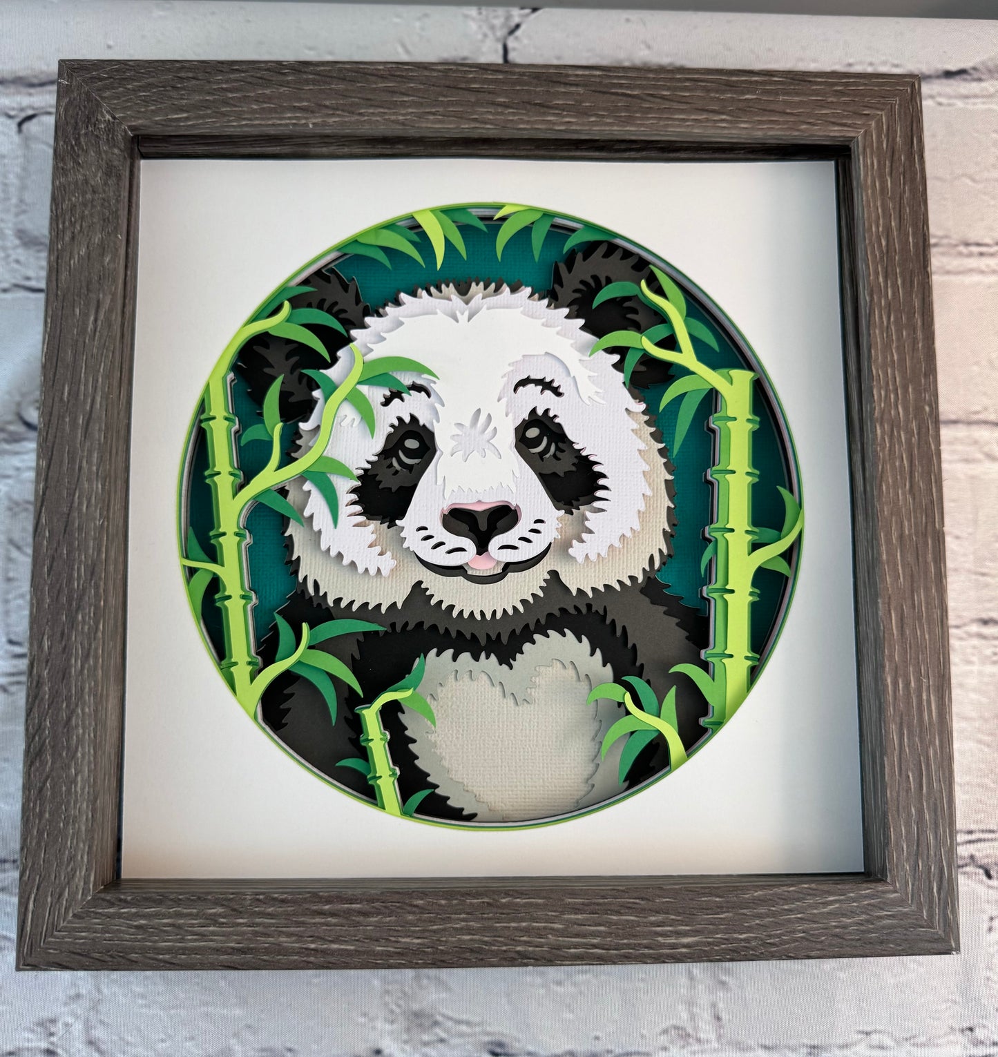 Panda with bamboo 3D paper art in a shadowbox