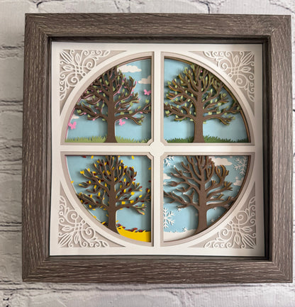 Intricate frame four seasons trees 3D paper art in a shadowbox