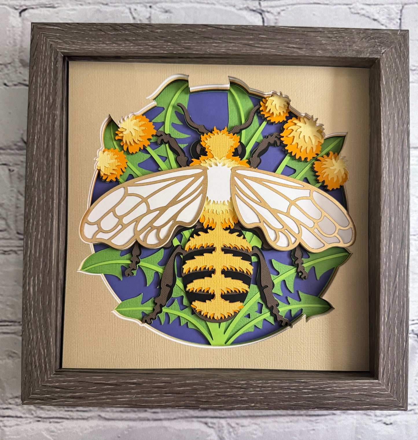 Bee scene large bee 3D paper art in a shadowbox