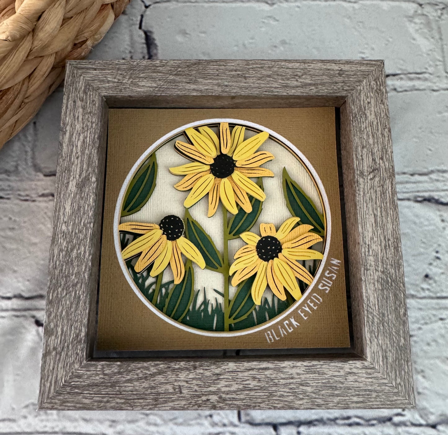 Black eyed Susan mini 3D paper art in a shadowbox