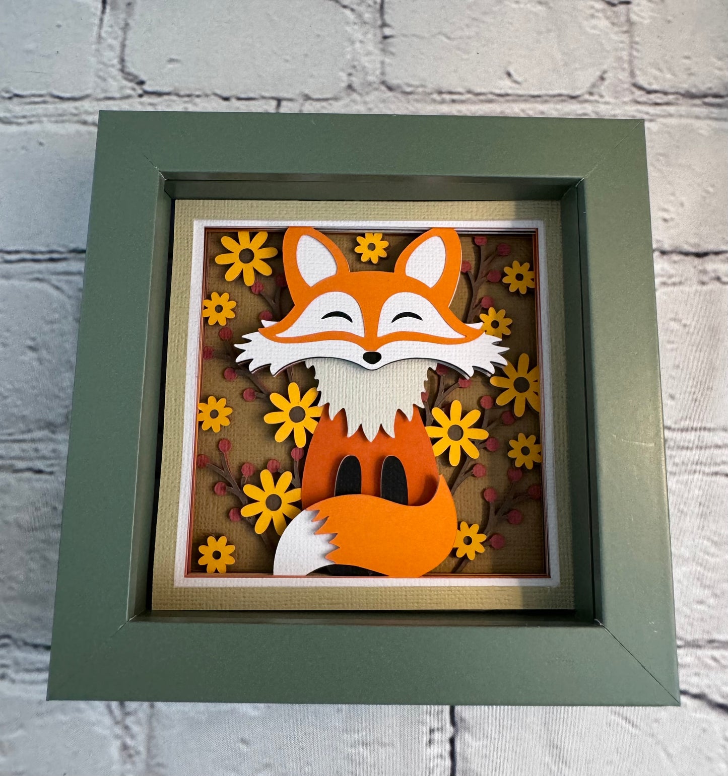 Fall fox mini 3D paper art in a shadowbox