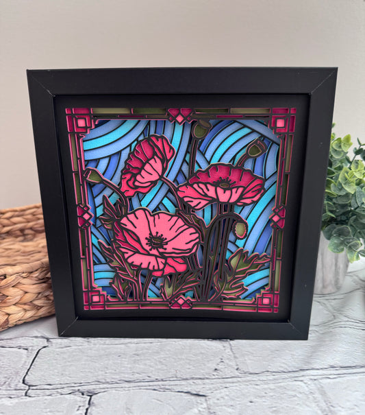 Stained glass poppies 3D paper art in a shadowbox