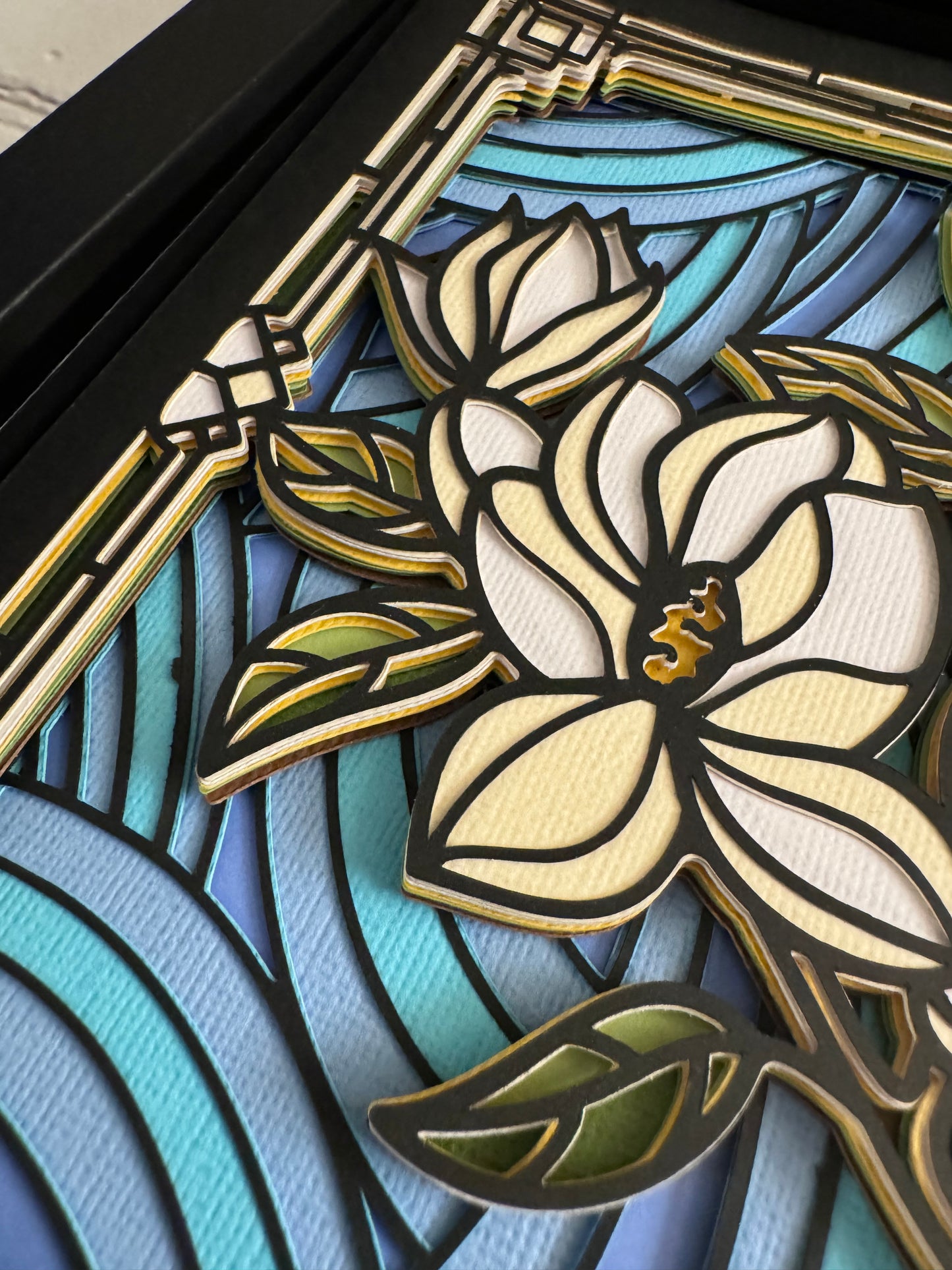 Stained glass magnolia 3D paper art in a shadowbox