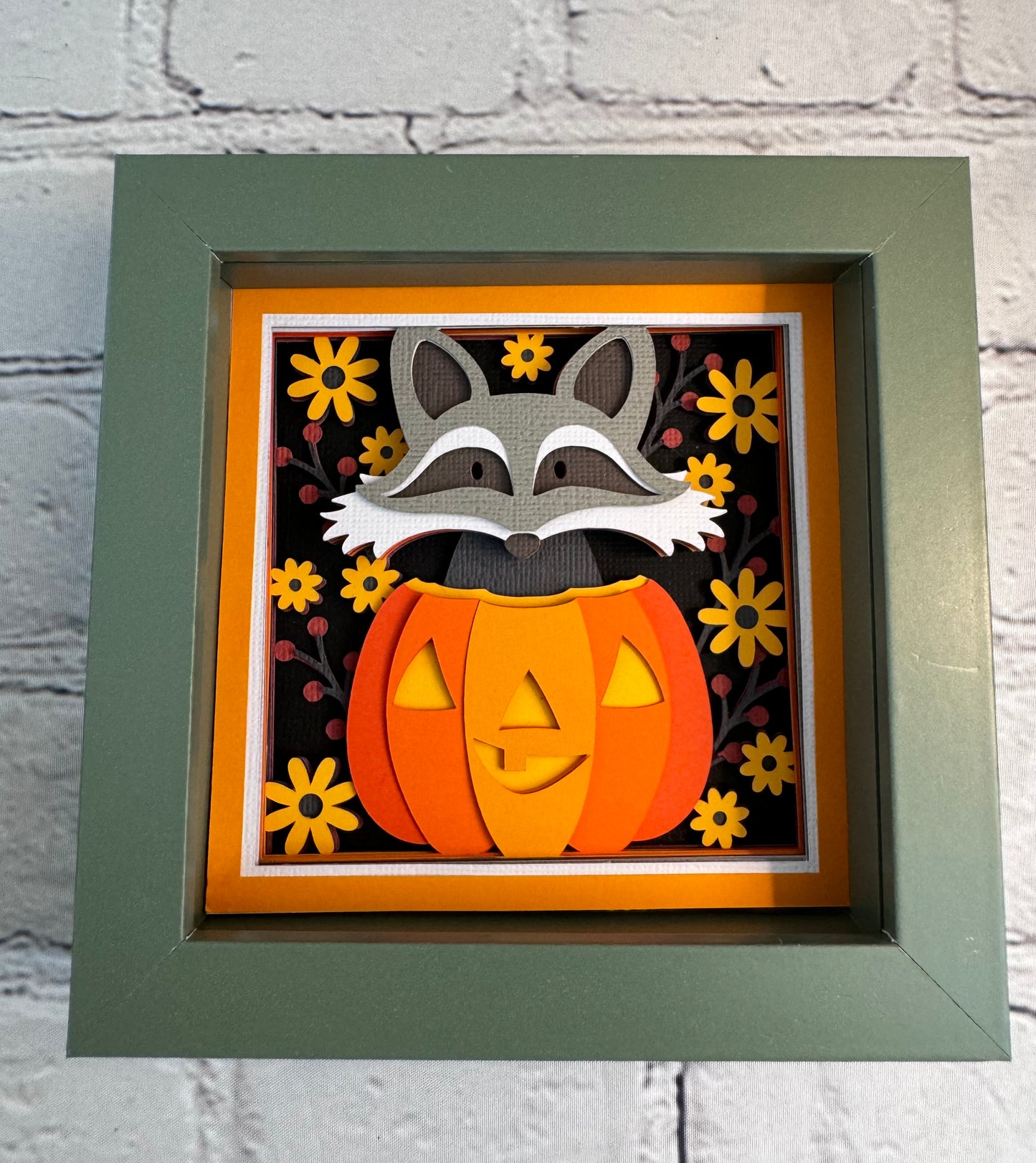 Fall raccoon in a pumpkin mini 3D paper art in a shadowbox