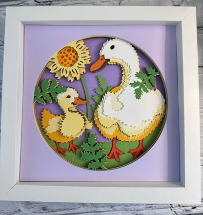 Mama duck and duckling 3D paper art in a shadowbox