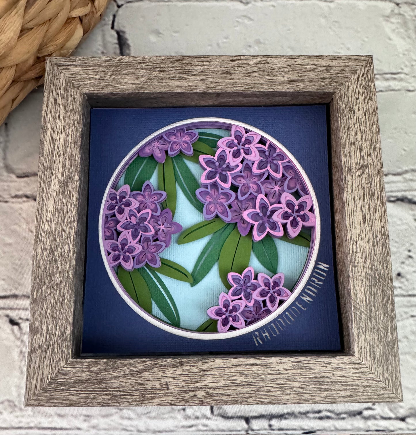 Rhododendron mini 3D paper art in a shadowbox