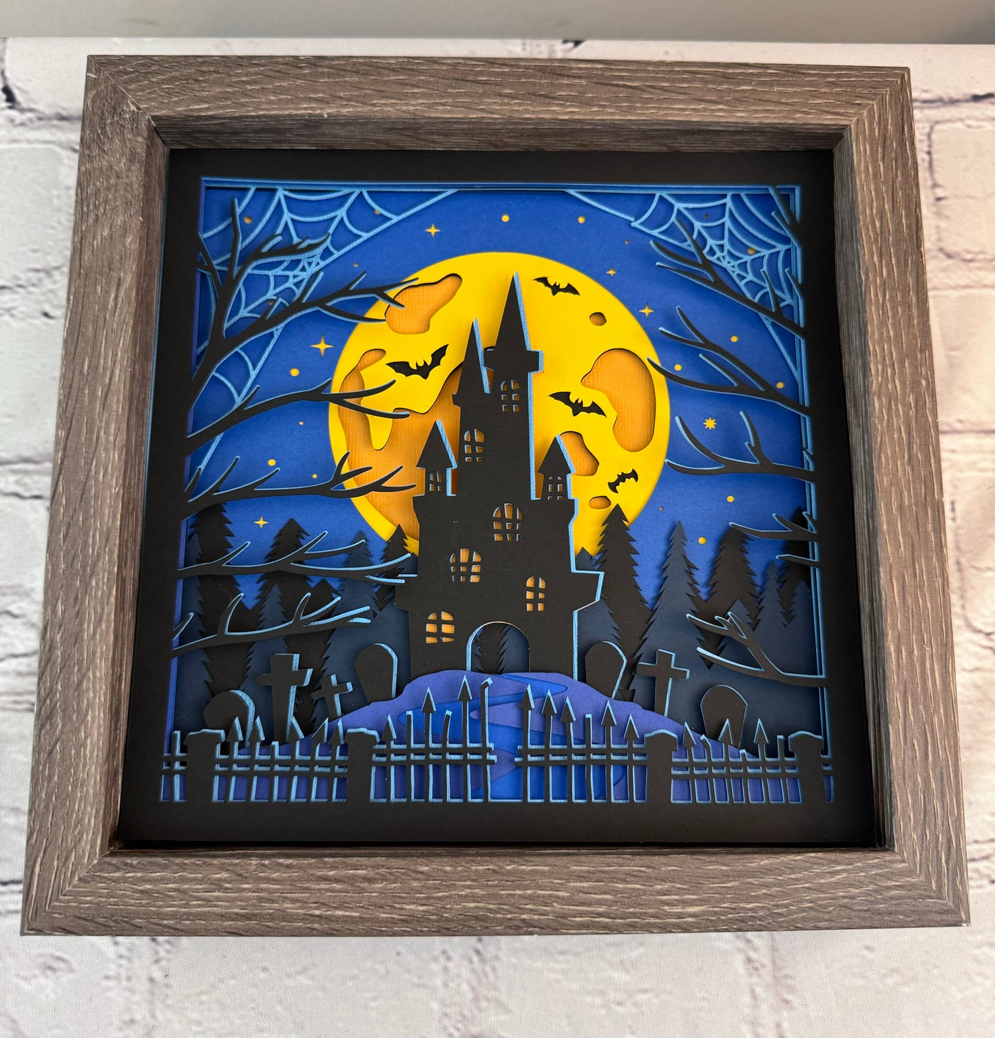 Halloween haunted house 3D paper art in a shadowbox