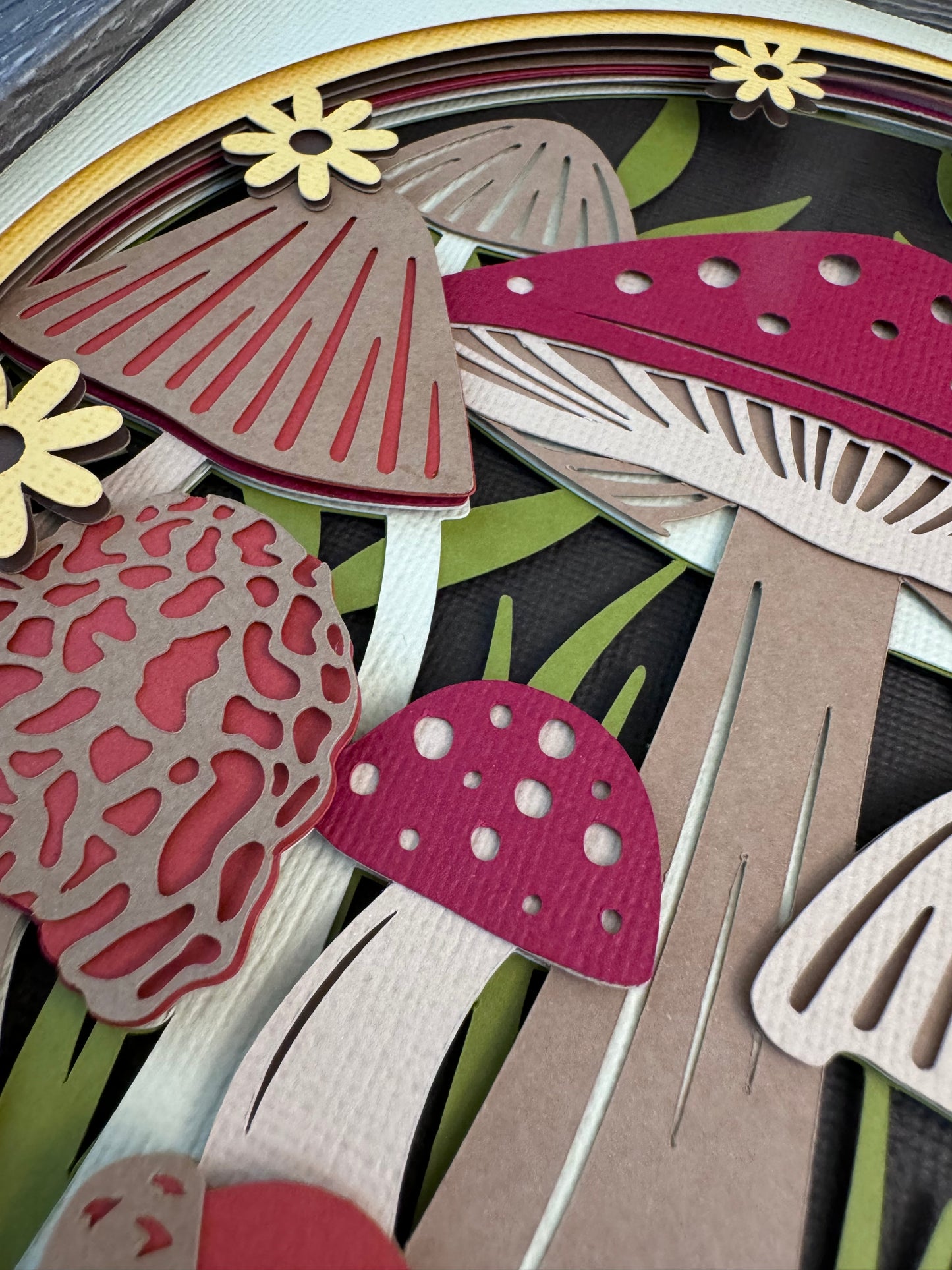 Mushroom fall forest design 3D paper art in a shadowbox