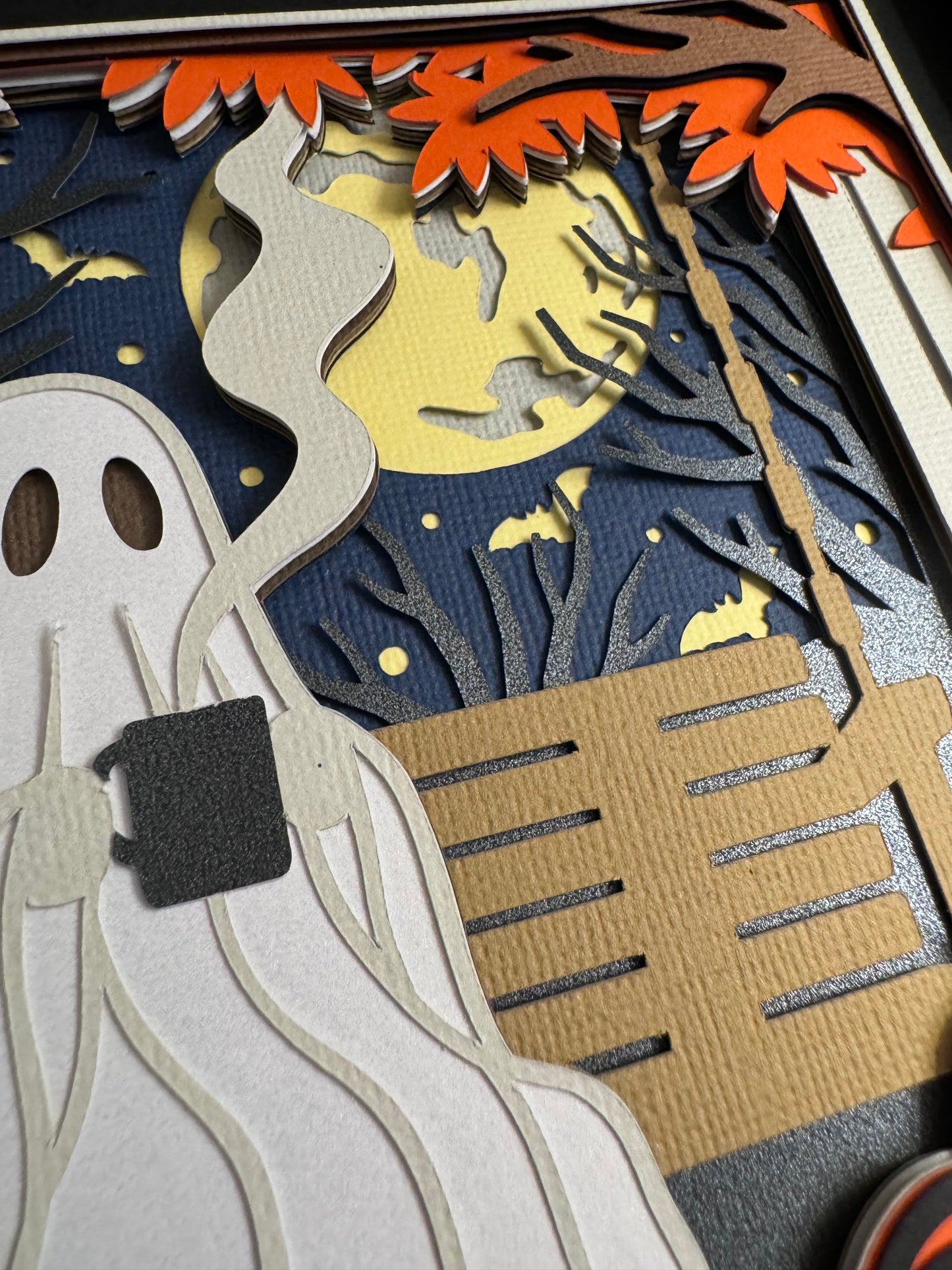 Ghost with coffee on swing 3D paper art shadowbox