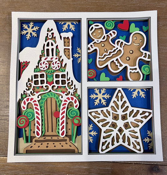 Gingerbread window scene 3D paper art in a shadowbox