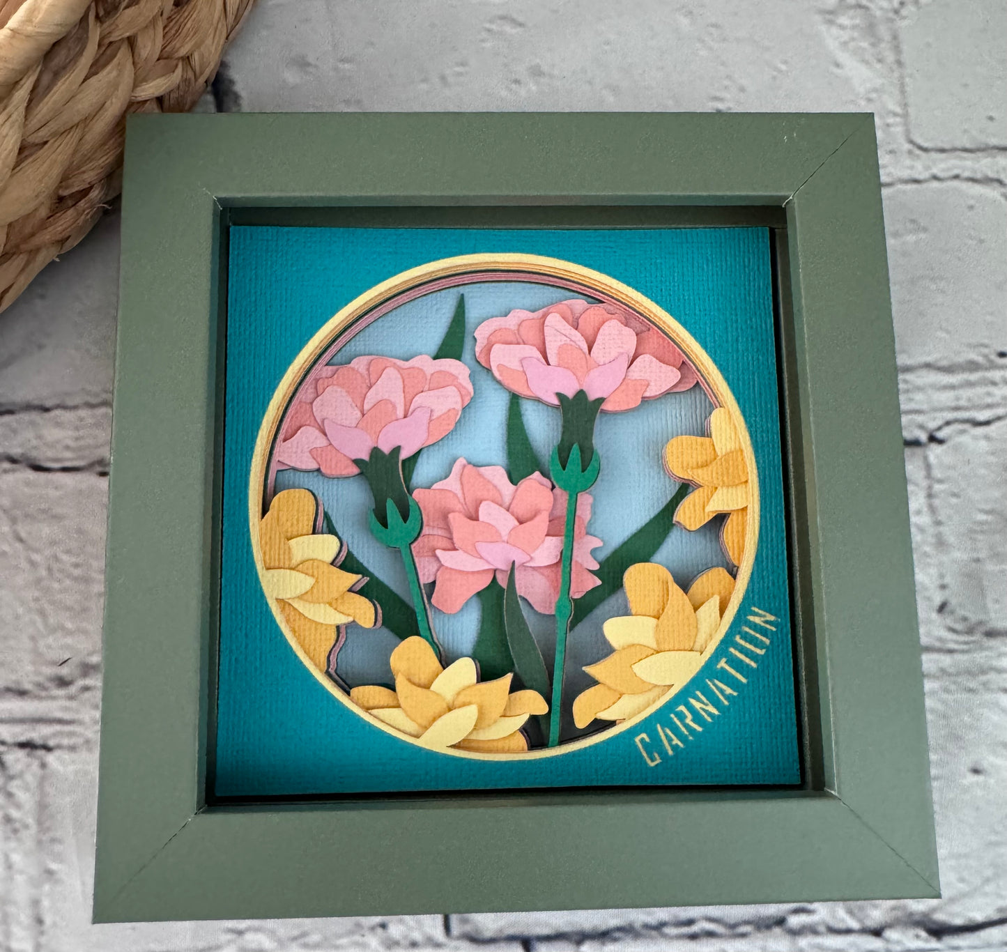 Carnation mini 3D paper art in a shadowbox