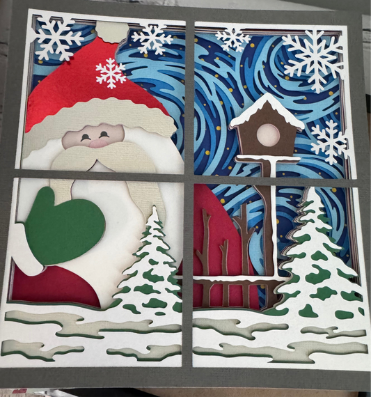 Santa at the window 3D paper art in a shadowbox