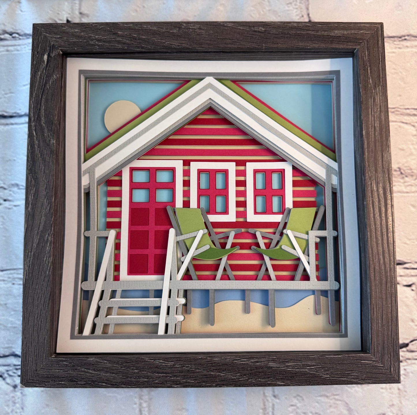 Beach house 3D paper art in a shadowbox