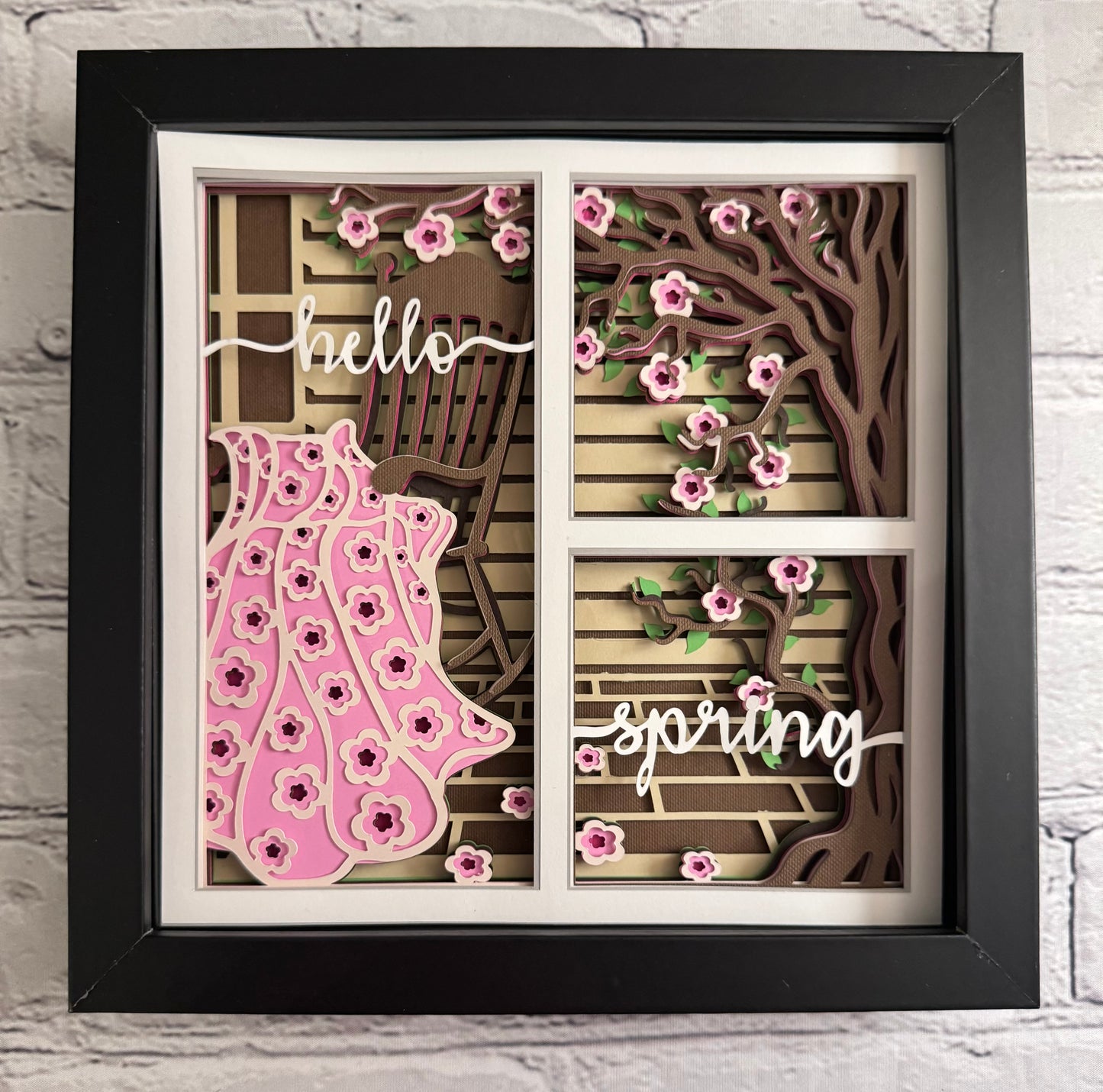 Spring porch scene with blanket 3D paper art in a shadowbox