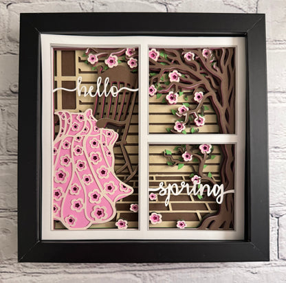 Spring porch scene with blanket 3D paper art in a shadowbox