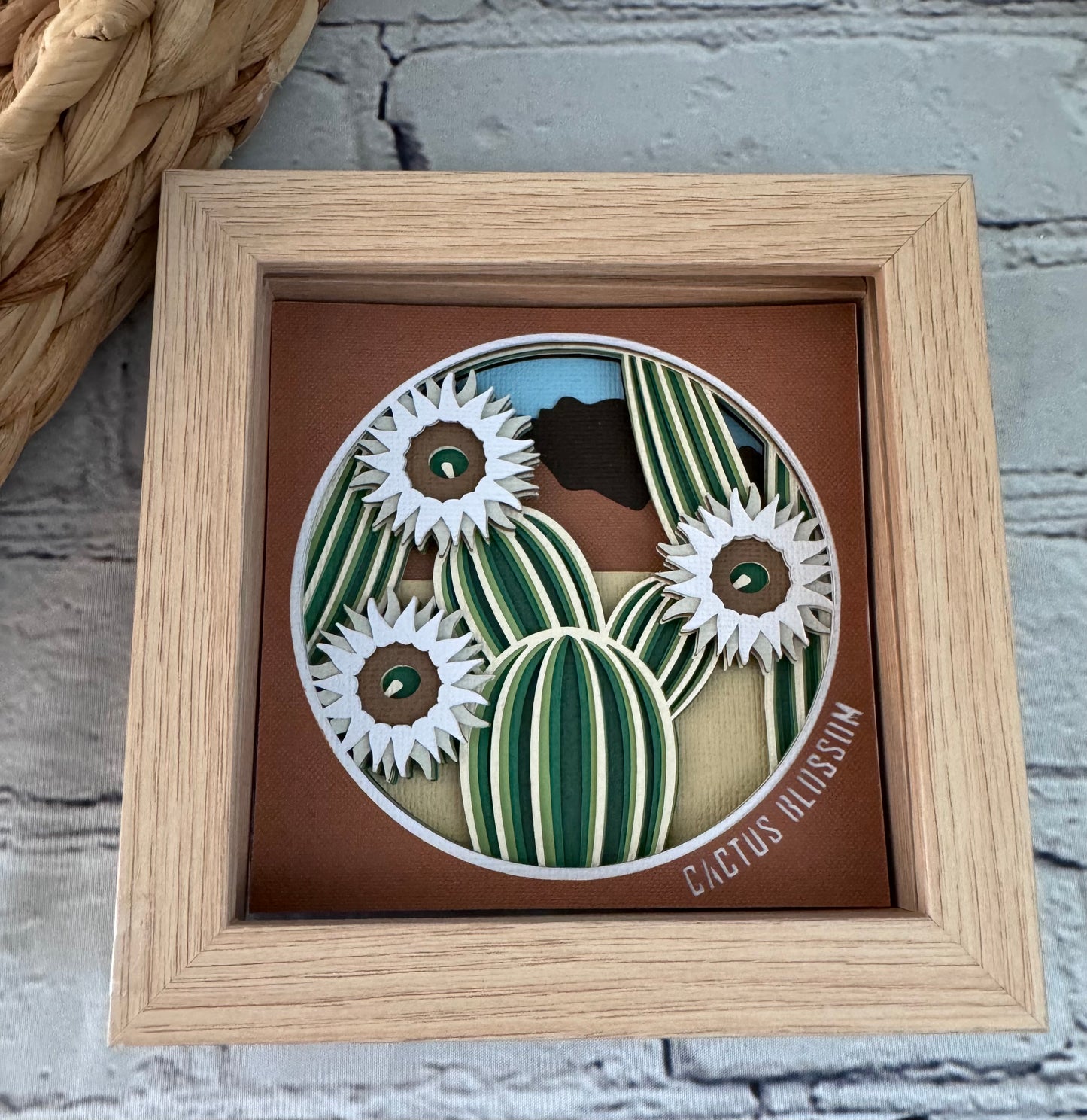 Cactus blossom mini 3D paper art in a shadowbox