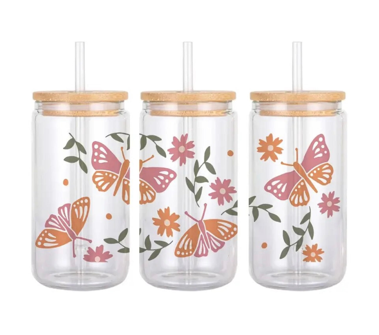 Coral and pink butterflies beer can glass