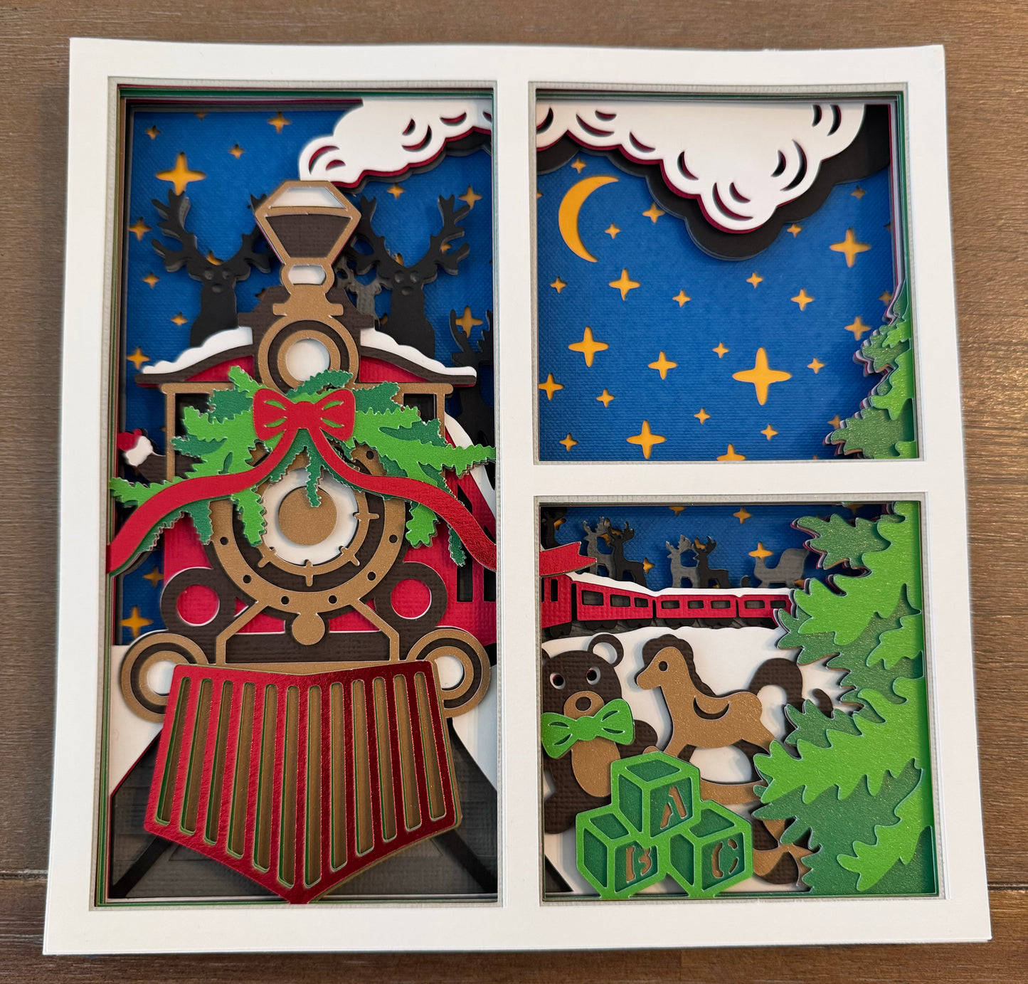 Christmas train 3D paper art in a shadowbox