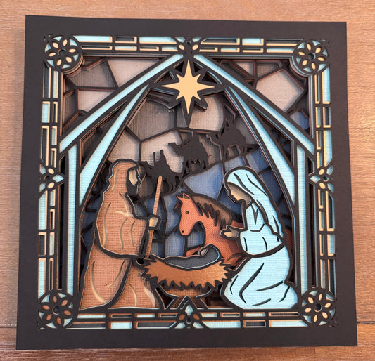 Stained glass nativity 3D paper art in a shadowbox