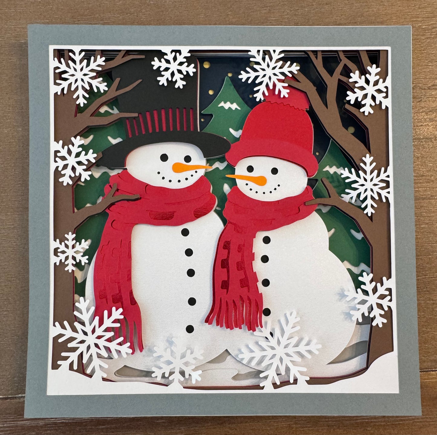 Snowman couple 3D paper art in a shadowbox