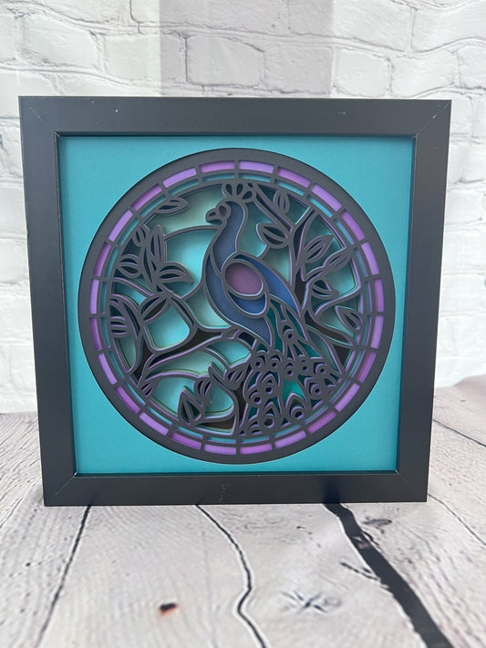 Stained glass peacock 3D paper art in a shadowbox