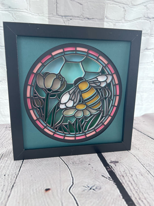 Stained glass bumble bee 3D paper art in a shadowbox