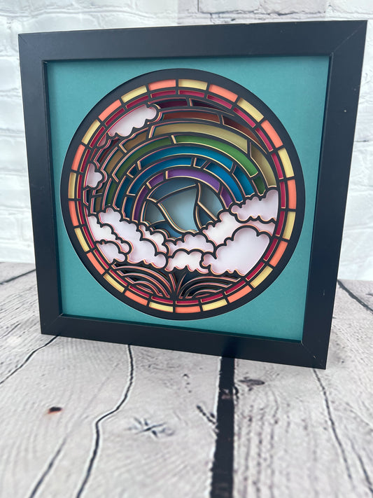 Stained glass rainbow 3D paper art in a shadowbox