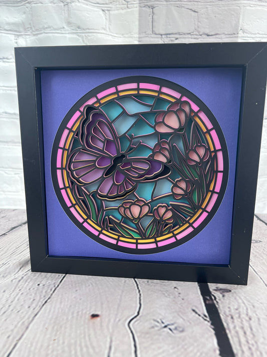 Stained glass butterfly 3D paper art in a shadowbox